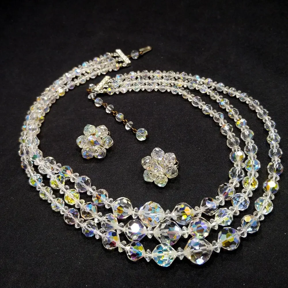 Vintage AB Crystal Necklace Set 1950s Triple Strand Earrings